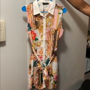 Sleeveless Chain Print Tie Waist Shirt Dress